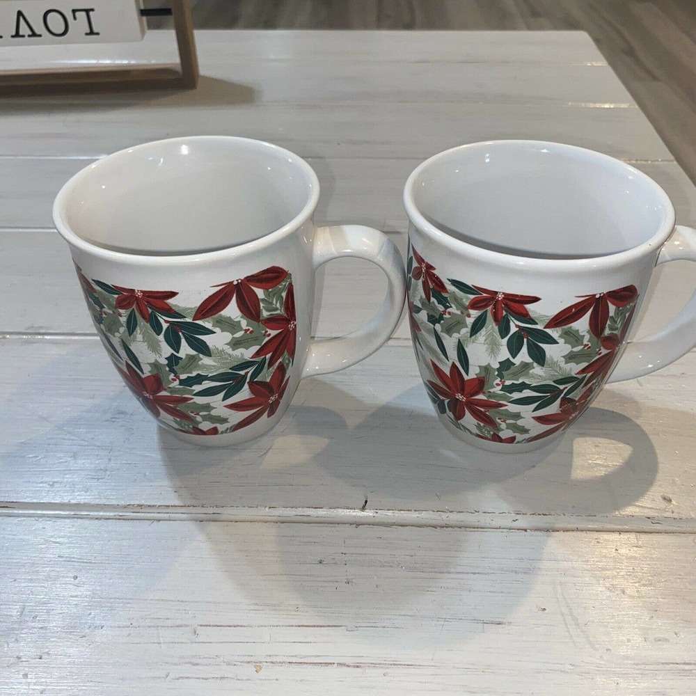 Royal Norfolk CHRISTMAS Coffee Cup HOLIDAY Gift Boxed Poinsettia 14 oz. Mug x2